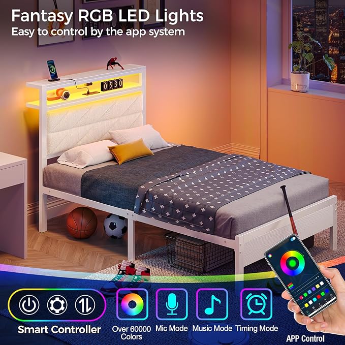 Seventable Bed Frame Twin Size with Charging Station, LED Bed with Upholstered Storage Headboard, Metal Platform Bed with Under Bed Storage, No Box Spring Needed, Noise Free, Easy Assembly, White