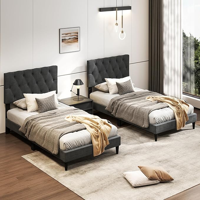 Giantex Twin Bed Frames with Headboard, Modern Upholstered Platform Bed Frame with Diamond Tufting Headboard, Wooden Slats Support, No Box Spring Needed, Gray