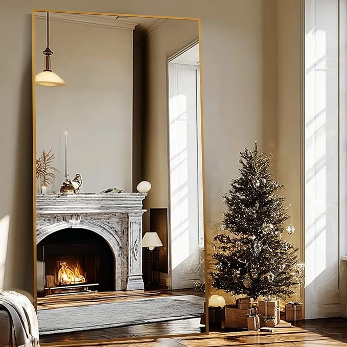 Beauty4U 79" x 39" Large Full Length Mirror with Stand, Metal Frame Gold Wall Mounting Full Body Tempered Mirror for Living Room, Bedroom