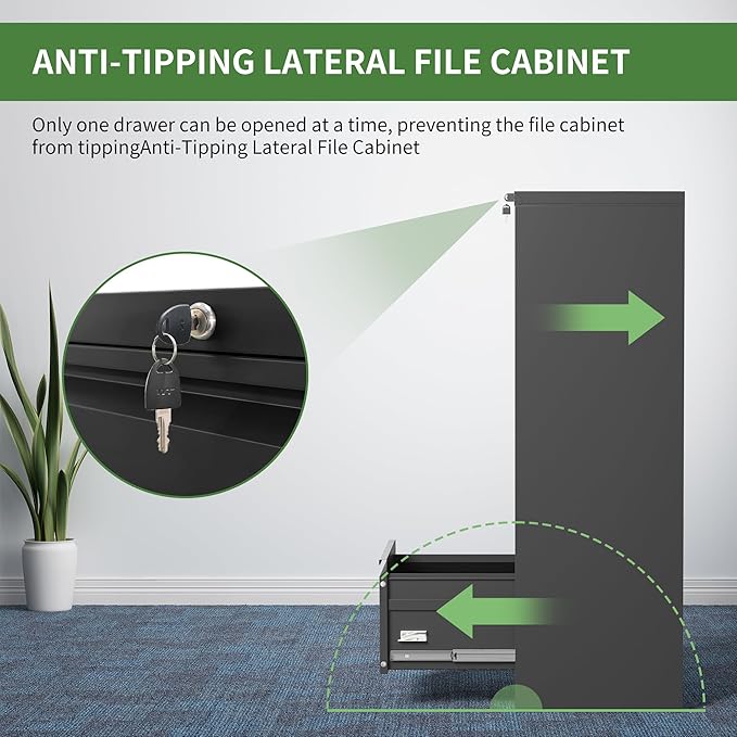 Lateral File Cabinet with Lock,4 Drawer Metal Filing Cabinets, Home Office Storage Cabinet for Hanging Files Letter/Legal/F4/A4 (Black)