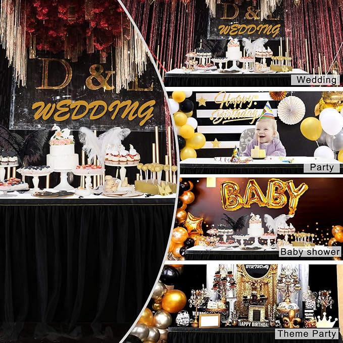 Suppromo 9ft Black Table Skirts for Rectangle Tables or Round Tables Black Tutu Table Cloth for Black Gold Happy Birthday Party, Wedding, Baby Shower, Graduation, Halloween Party Decorations