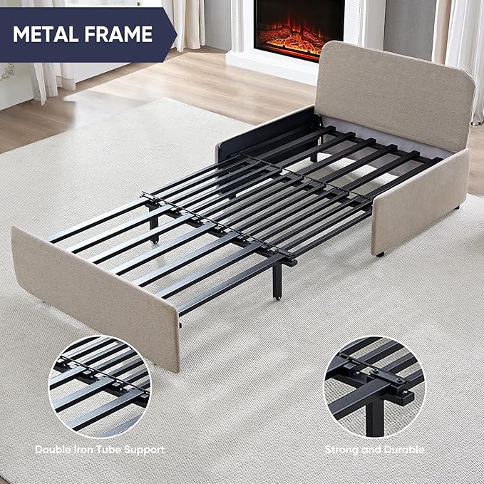 Sofa Bed, Full Size 2 in 1 Pull Out Sofa Couch Bed with Cushions & Throw Pillows & Wheels, Modern Linen Convertible Foldable Sleeper Sofas Couch for Small Spaces, Living Room Furniture - Beige