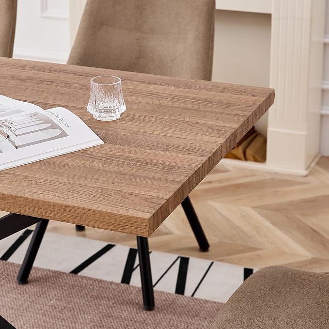 55.1 Inch Dining Table for 4 6 People Rectangular Wooden Kitchen Tables Mid Century Modern Dinner Table Long Dinning Room Table with Metal Cross Legs for Kitchen Living Room Comedor(Brown)