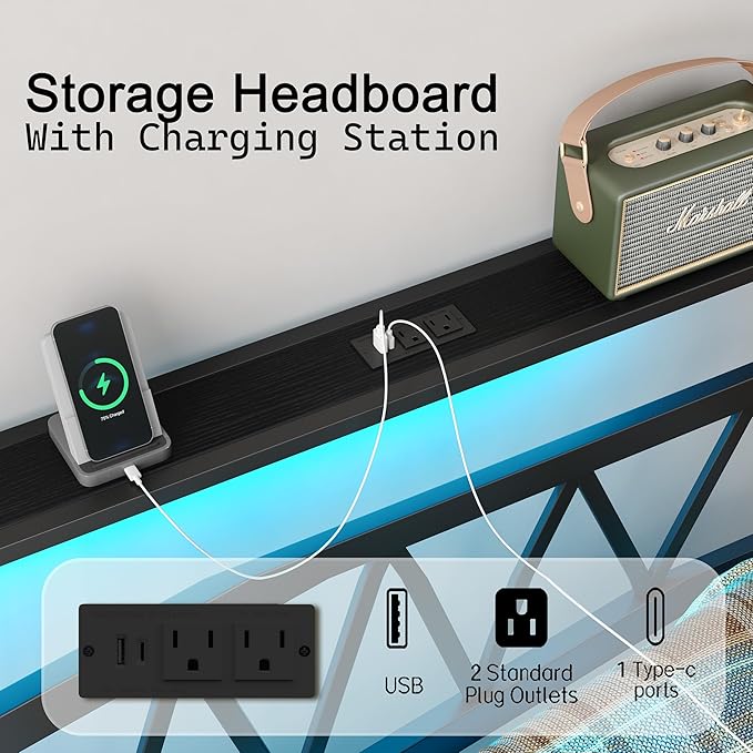 Full Bed Frame with Smart LED Lights, Storage Headboard and USB Charging Station,Heavy Duty Wooden Slats, No Box Spring Needed, Noise Free, Easy Assembly (Classic Black, Twin)
