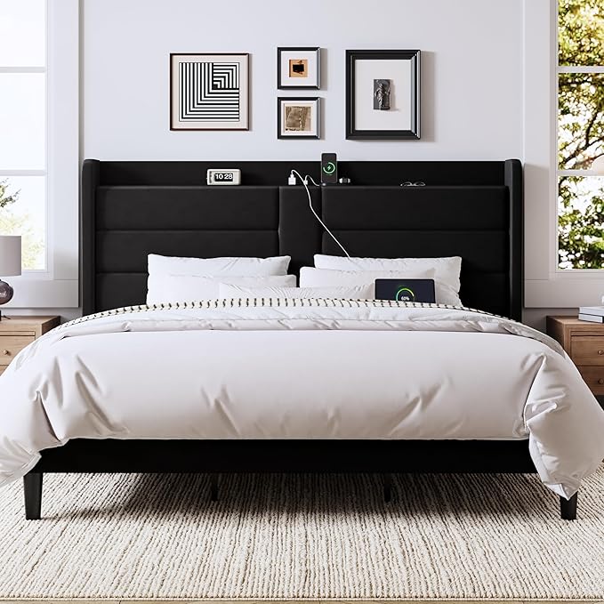 Allewie King Size Platform Bed Frame with Charging Station & Storage Headboard, Upholstered Velvet Wingback Design & USB Port, Strong Wooden Slats Support, No Box Spring Needed, Easy Assembly, Black
