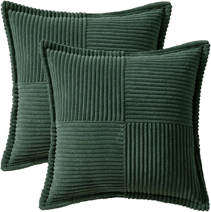MIULEE Christmas Decorative Throw Pillow Covers for Couch Bed Livingroom 20x20 Inch Set of 2 Dark Green Boho Accent Throw Pllows Broadside Striped Patchwork Soft Corduroy Pillowcases