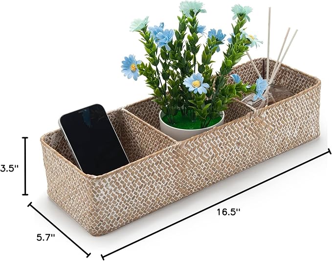 Whitewash Seagrass Toilet Tank Basket with 3 Section, Toilet Paper Basket for Bathroom Organizing, Storage Basket for Kitchen, Dresser (16.5x5.7x3.5 inch)