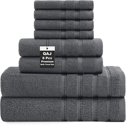 8-Piece Bath Towels Set, 100% Cotton Thick Soft Highly Absorbent Durable, Quick Dry, Bathroom Towels Set (2 Bath Towels, 2 Hand Towels, 4 Washcloths) - Perfect for Daily Use