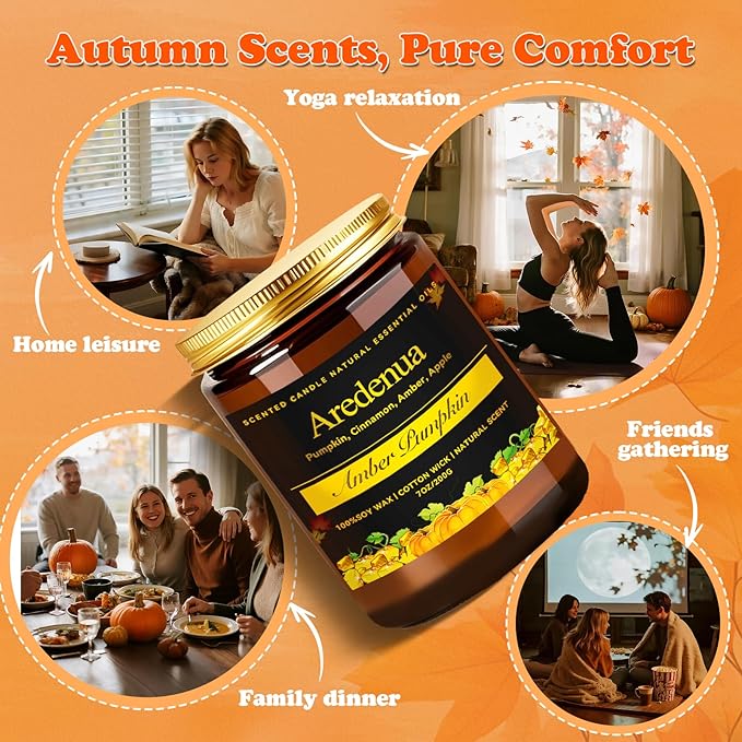 Fall Candle - Amber Pumpkin Candle | Autumn Scented Candles for Home, 7oz Pumpkin Soy Candles for Home Scented, 50 Hours Burn Time, Harvest Holiday/Halloween/Thanksgiving Fall Gifts for Women Men