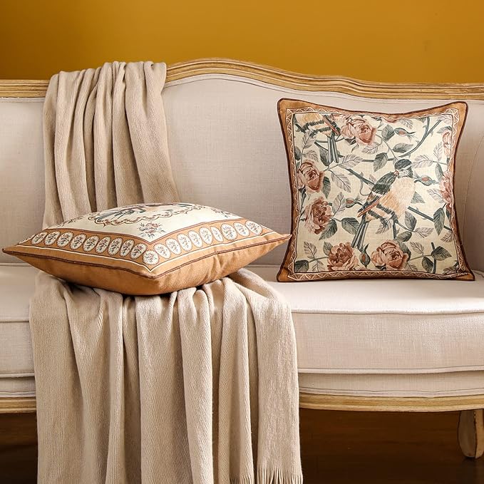 patdrea Designer Vintage Floral Throw Pillow Covers for Couch Set of 2,Brown Linen Pillowcases with Bird and Rose Pattern Decorative Square Cushion for Bed Living Room Outdoor Cafe Car,18"x18"