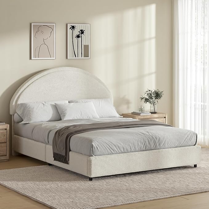 Queen Bed Frame, Boucle Upholstered Platform Bed Frame with Rounded Corners, Soft Bedframe with Round Headboard, No Box Spring Required, Easy Assembly, White