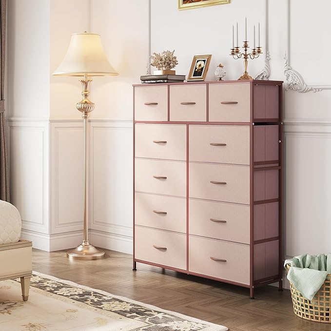 WLIVE Storage Organizer Unit with 11 Fabric Bins, Storage Drawers Organizer with Steel Frame, Tall Storage Tower Organizaton for Living Room, Hallway, Office, Office, Pink