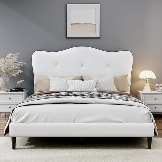 Full Size Bed Frame, Upholstered Bed Frame with Headboard, Platform Bed Frame with Wood Slats Support, No Box Spring Needed, Adjustable Height Headboard, White