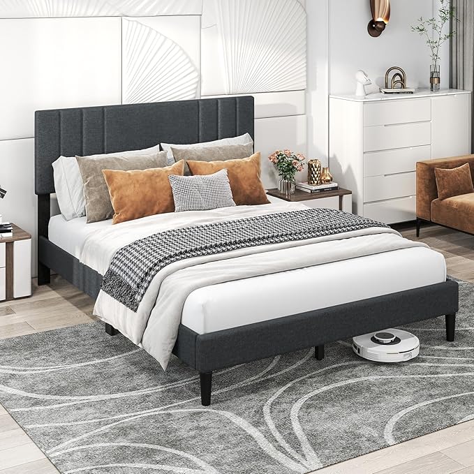 Giantex Queen Platform Bed Frame, Modern Upholstered Bed Frame with Vertical Channel Tufted Headboard, Wooden Slats Support, No Box Spring Needed, Gray