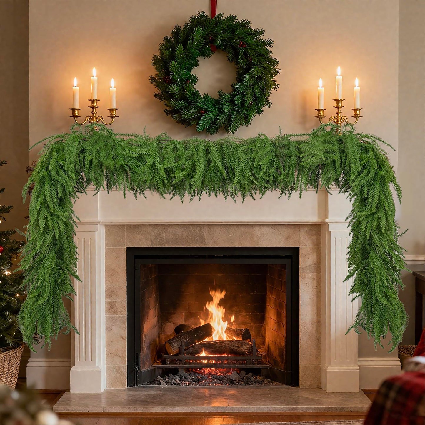 SWNAWE 2PCS Artificial Christmas Norfolk Pine Garlands, Real Touch Pine Garland Faux Greenery Winter Garland for Mantle Fireplace Stairs Table Wall Home Xmas Holiday Indoor Christmas Decorations