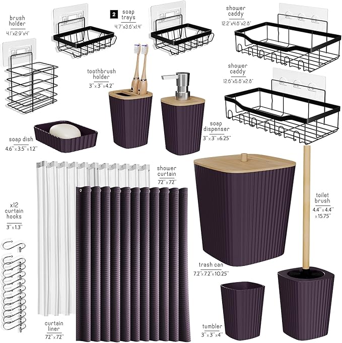 Shower Caddy and Bathroom Accessories Set, 25PC Bathroom Accessory Set with Shower Caddy for Bathroom Storage, Purple Shower Curtain Set, Toilet Brush, Trash Can, Soap Dispenser, Toothbrush Holder