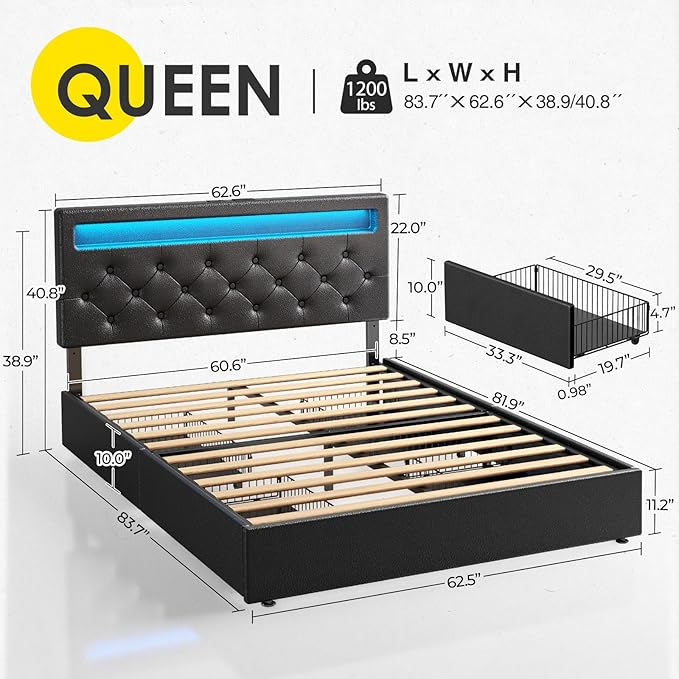 Rolanstar LED Bed Frame Queen Size, Queen Bed with 4 Storage Drawers and Charging Station,1 USB Port & 2 Type C Port, Adjustable Upholstered Headboard 38.9/40.8 Inches, No Box Spring Needed, Black