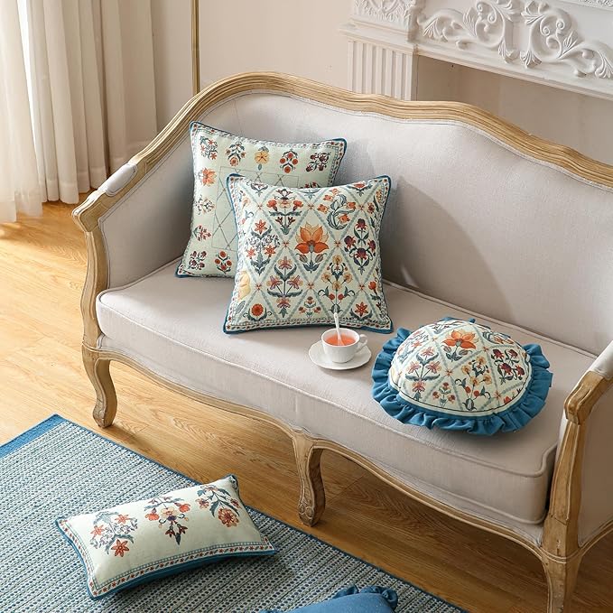 Design Lumbar Linen Throw Pillow Covers 12"x20" Pack of 2, Blue Country Cushion Covers with Colorful Wildflower Pattern Decor Rectangle Pillowcases for Bed,Living Room,Outdoor,Car