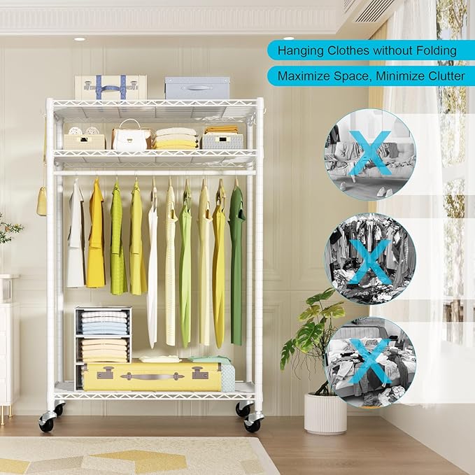 FUTASSI P3 Plus Rolling Clothes Rack, Clothing Racks for Hanging Clothes, Heavy Duty Garment Rack with Wheels, Freestanding Portable Closet Rack 45" W x 14" D x 78.5" H, Max Load 480 LBS, White