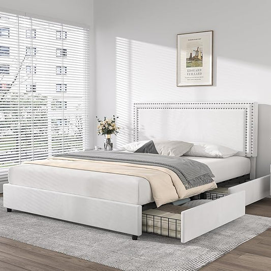 VECELO Full Size Upholstered Platform Bed Frame with 4 Storage Drawers, Adjustable Velvet Rivets Headboard, Wooden Slats Support, No Box Spring Needed, Easy Assembly