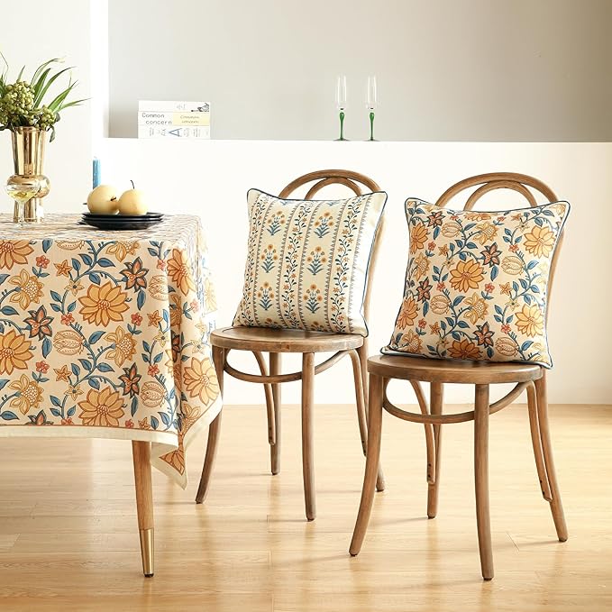 Design Square Simple Elegant Linen Throw Pillow Covers 18"x18" Pack of 2, Blue Yellow Floral Pattern Cushion Covers Decor Pillowcases for Bed,Living Room,Outdoor,Car