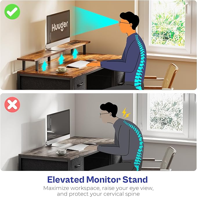 Huuger 55 inch Computer Desk with 4 Drawers, Gaming Desk with LED Lights & Power Outlets, Home Office Desk with Large Storage Space for Bedroom, Work from Home, Rustic Brown