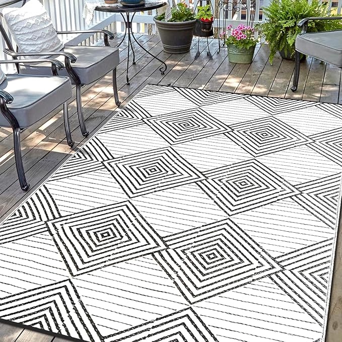 Waterproof Outdoor Rug 9x12ft, Foldable Reversible Plastic Straw Mat for Patio RV Deck Porch Backyard Balcony Camping Picnic Beach Indoor Outdoor Carpet, Black&White