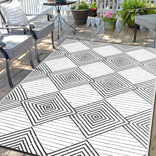 Waterproof Outdoor Rug 9x12ft, Foldable Reversible Plastic Straw Mat for Patio RV Deck Porch Backyard Balcony Camping Picnic Beach Indoor Outdoor Carpet, Black&White