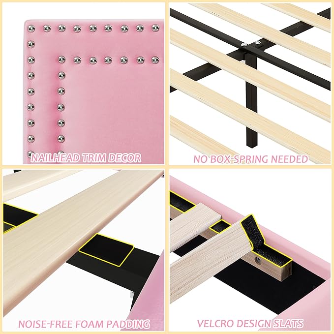 VECELO Full Size Bed Frame with Adjustable Upholstered Headboard, Wooden Slats Platform, Noise-Free Design, No Box Spring Needed, Easy Assembly