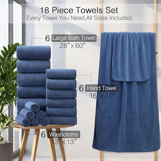 18 Piece Family Bath Towel Set Include 6 Bath Towels,6 Hand Towels and 6 Washcloths Soft Bathroom Towel with Hanging Loops,Highly Absorbent Quick Dry Towels Set for Bathroom,Hotel and Spa-Navy