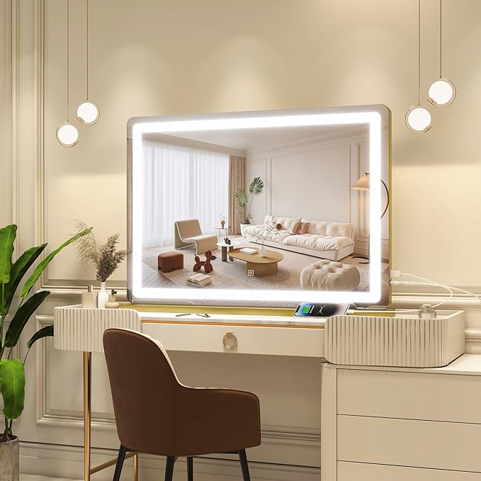 FENNIO Vanity Mirror with Lights 32"x22", Lighted Makeup Mirror, Large Vanity Mirror with Lights, Touch Sensor with 3 Color Lighting,USB Charging Port for Vanity Desk Tabletop(Gold)
