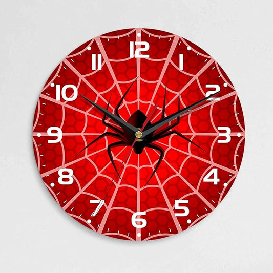 Wall Clock, 10 Inch Silent Non-Ticking Home Kitchen Decor, Battery Operated for Bathroom Bedroom Living Room Office(Red Spider Web)