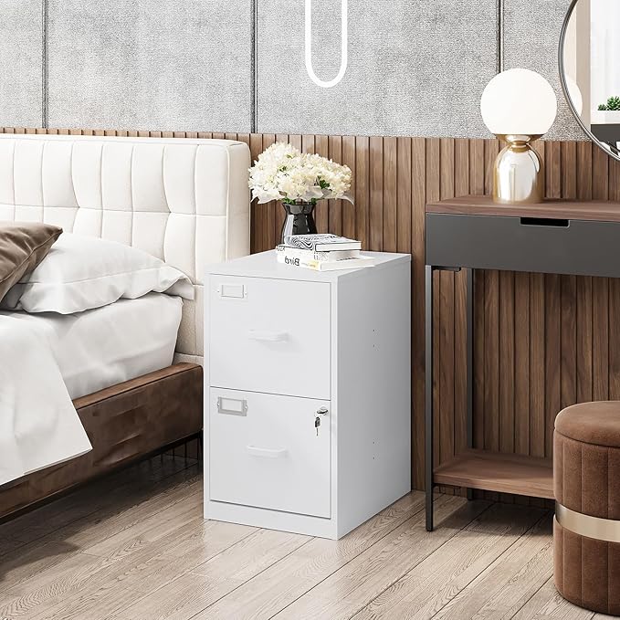 2 Drawers File Cabinet White Metal Vertical Filing Cabinets Metal Lockable Storage Cabinets with Lock for Home Office to Hanging Files