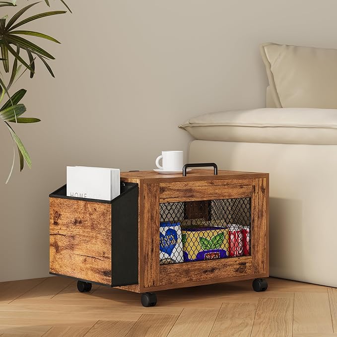 Rolling File Cabinet Cart,Under Desk Small Filing Cabine,Hanging File Organizer Box with Lid,Side Pocket for Letter/Legal Size, Wood Mobile Document Storage Basket for Home Office (Rustic Brown)