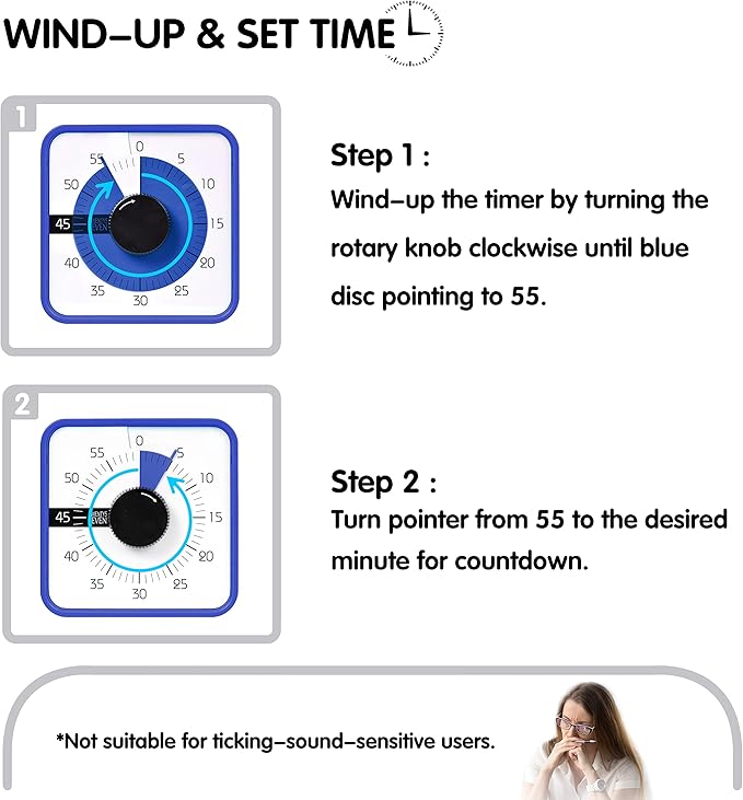 TWENTY5 SEVEN Countdown Timer 7.5 inch; 60 Minute 1 Hour Visual Timer – Classroom Teaching Tool Office Meeting, Mechanical Countdown Clock for Kids Exam Time Management Magnetic, Navy Blue