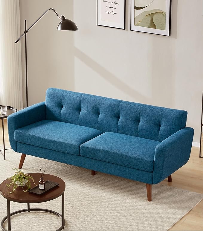 Tbfit 77.2" W Linen Sofa Couch, Mid Century Modern Decor Loveseat Couches for Living Room, Button Tufted Upholstered Small Couch for Bedroom, Solid, and Easy to Install Love Seats Furniture, Blue