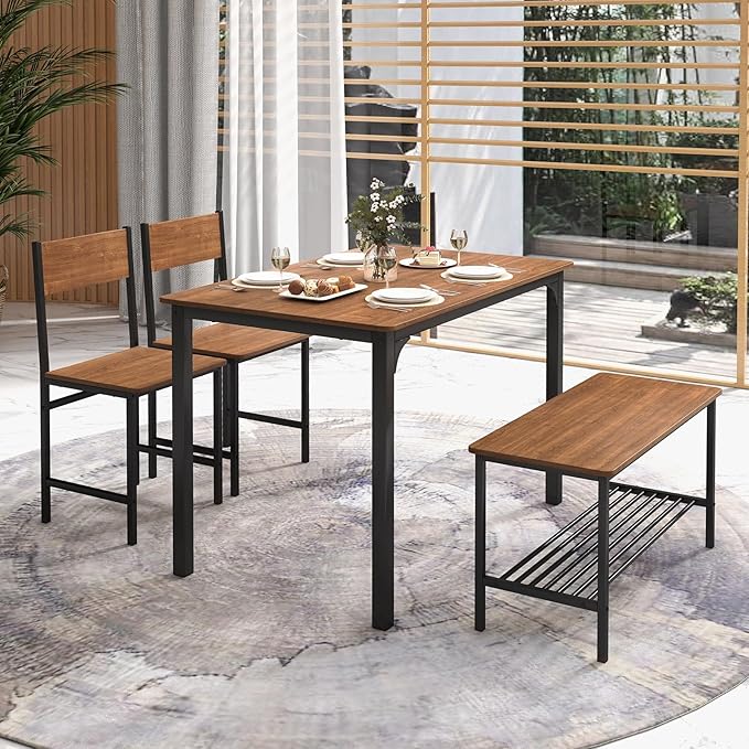 Tangkula Dining Table Set for 4, Kitchen Table and 2 Chairs for 4 with Bench, 4 Piece Dining Table Set for Small Space, Apartment