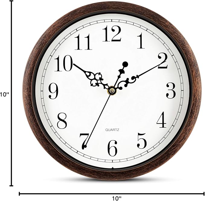 Bernhard Products Wall Clock 10 Inch Silent Non Ticking Movement Quality Quartz Battery Operated Round Easy to Read Decorative Brown Home/Kitchen/Office/Bedroom/Classroom/School Clocks, Black Numbers