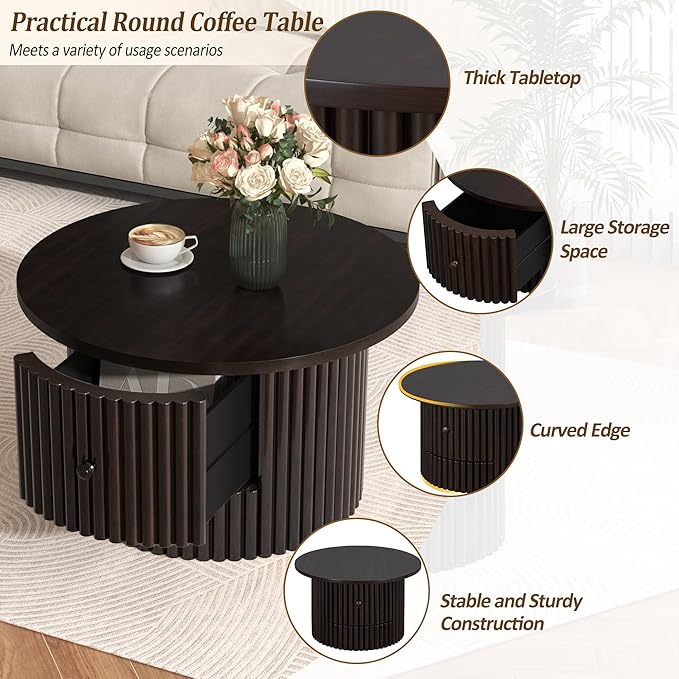 WILLIAMSPACE 30.5" Round Coffee Table with a Drawer, Modern Farmhouse Wood Circle Drum Center Table with Vertical Slat Base, Accent Side End Table for Living Room Apartment, Dark Brown
