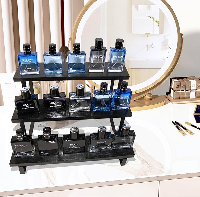 Wooden Cologne Organizer Stand Display Riser Stand Tiered Perfume 3 Tier Organizer Rustic Display Shelf for Cupcake Candle Fragrance Crystal Stone Succulent plant Small ornament