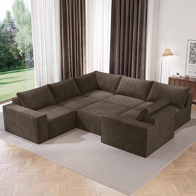 Vesgantti 143.7" Oversized Boneless Modular Couch, Modern 6 Seater Sectional Sofa with Ottoman & Deep Seat, Convertible Chenille Cloud Couches for Living Room, No Assembly Required, Dark Brown