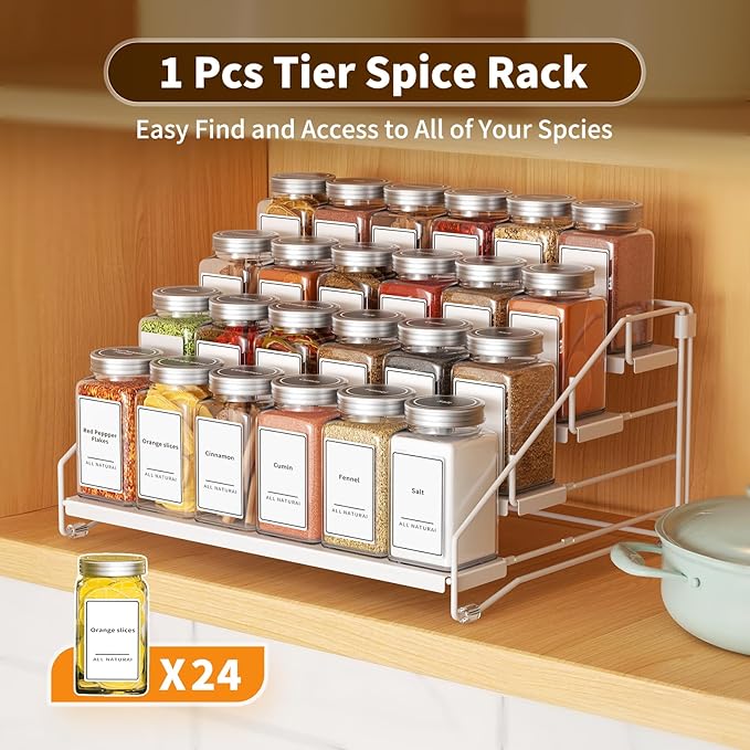 Tiered Spice Rack, 4 Tier Spice Shelf Organizer for Cabinet, Spice Rack Organizer, Depth Adjustable Seasoning Rack Organizer for Cabinet, Countertop, Pantry, Metal, White (1 Pack)