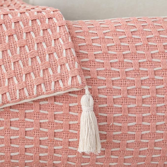 sykting Boho Outdoor Pillow Covers 20x20 Set of 2 Thick Woven Pink Throw Pillow Covers with Tassels for Couch Sofa Living Room