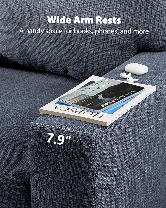 Pipishell 3 Seater Sofa Couch, Sofas for Living Room with Deep Seats and Wide Armrests, 89" Modern Linen Sofa Supportive with Thickened Cushion, Cotton-Linen Couches, Removable & Washable Covers, Blue