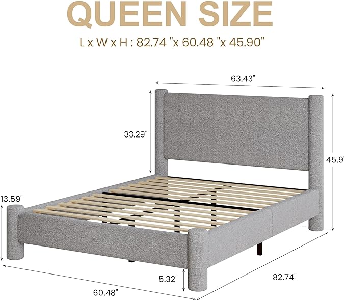 Queen Size Bed Frame, Boucle Upholstered Platform Bed with Headboard and Footboard, Soft Rounded Corners, No Box Spring Required, Easy Assembly, Light Grey