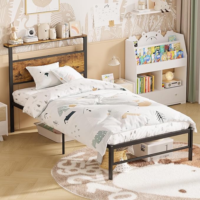 Weehom Twin Bed Frames with Headboard Shelf - Modern Twin Size Bed Frames with Wood Headboard, No Box Spring Needed Metal Platform Bed, Rustic Brown