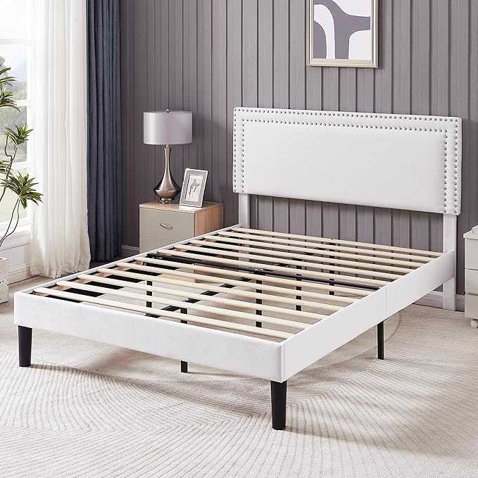 VECELO Full Size Bed Frame with Adjustable Upholstered Headboard, Wooden Slats Platform, Noise-Free Design, No Box Spring Needed, Easy Assembly