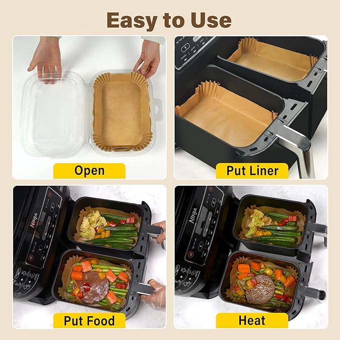 Air Fryer Paper Liners,125PCS Air Fryer Liners Disposable Rectangular for Ninja Air Fryer 2 Basket, 8.6x5.5 Inch Dual Airfryer Liner, Natural Parchment Paper Liner for Ninja DZ201, DZ401, FG551