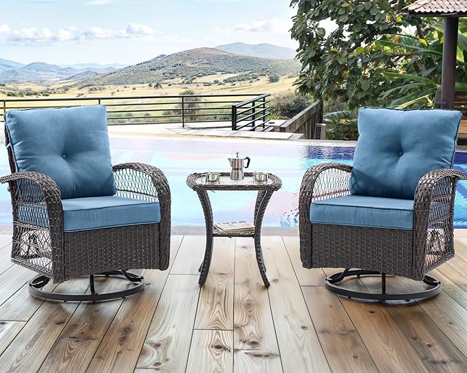 UDPATIO Patio Furniture Set 360 Swivel Chair 3 Piece Patio Set Wicker Outdoor Chair with Coffee Table for Yard, Bistro, Balcony, Blue