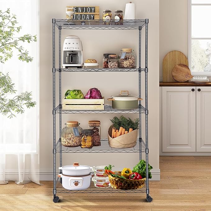 Whitmor 5 Tier Shelving Unit, Adjustable Storage Shelves with Wheels, 400 lbs Capacity per Shelf, Max 2000 lbs Total for Pantry, Kitchen, Garage, 30" L x 14" W x 60" H, Black